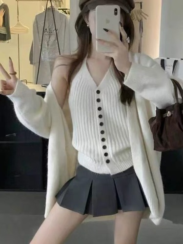 Korean-style relaxed knit cardigan jacket with halterneck strap vest—two-piece autumn/winter set featuring a premium, soft, and cozy sweater suit.