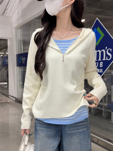 Shooted New Style Pencil Cardigan Hooded Half Zip Knit Sweater Long Sleeve Women Loose Slimming Versatile