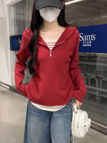 Shooted New Style Pencil Cardigan Hooded Half Zip Knit Sweater Long Sleeve Women Loose Slimming Versatile