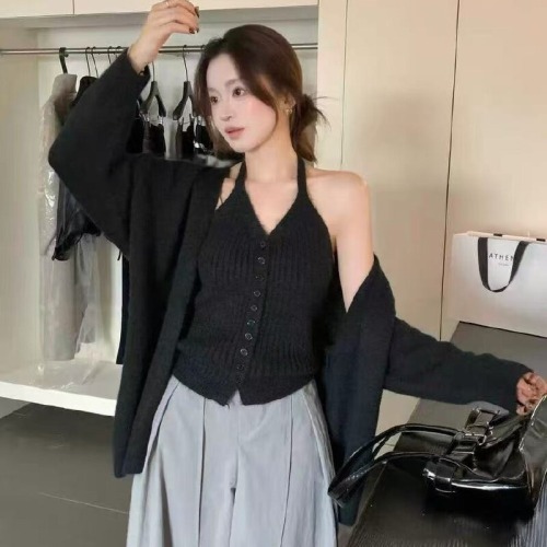 Korean-style relaxed knit cardigan jacket with halterneck strap vest—two-piece autumn/winter set featuring a premium, soft, and cozy sweater suit.