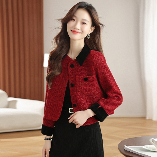 Women's Autumn/Winter New Arrival Sheath Collar Chanel Style Angora Red Wool Blend Coat and Skirt Set