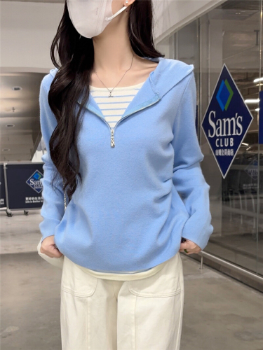 Shooted New Style Pencil Cardigan Hooded Half Zip Knit Sweater Long Sleeve Women Loose Slimming Versatile