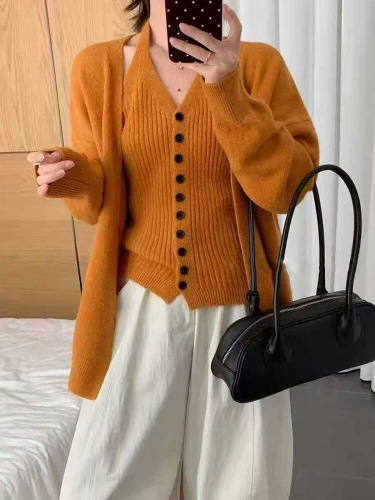 Korean-style relaxed knit cardigan jacket with halterneck strap vest—two-piece autumn/winter set featuring a premium, soft, and cozy sweater suit.