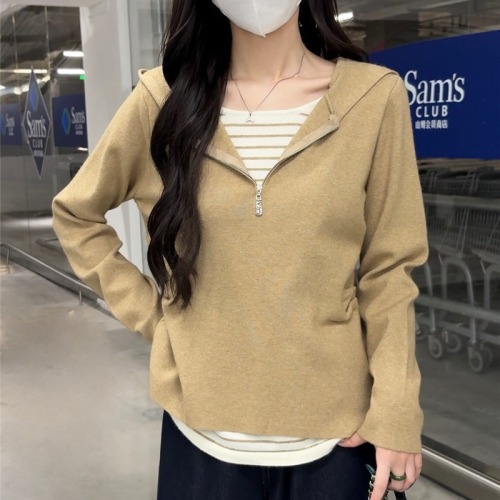 Shooted New Style Pencil Cardigan Hooded Half Zip Knit Sweater Long Sleeve Women Loose Slimming Versatile