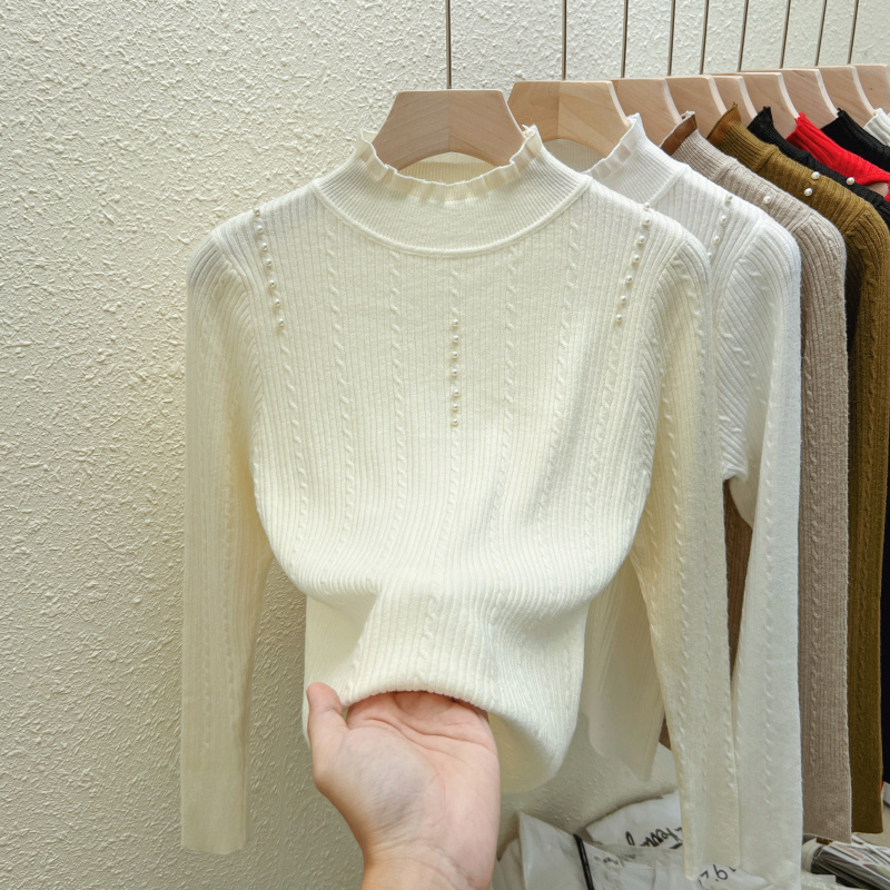 Real shot of half-turtle collar bottoming shirt for women in autumn and winter, twist and pearl chic top, sweater, sweater, long-sleeved sweater for women, trendy