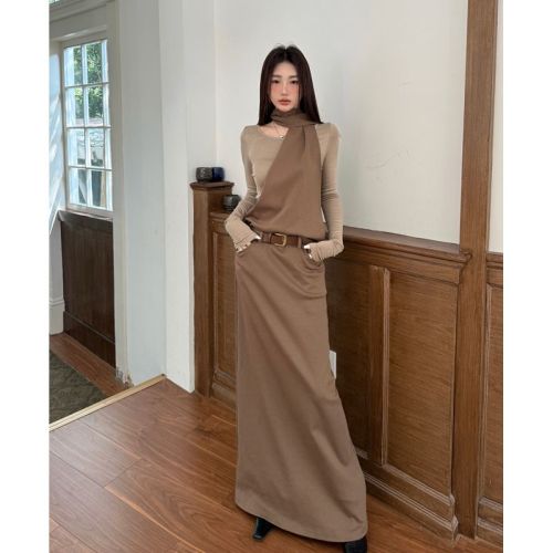 ***etong *** Design Autumn/Winter Post-Apocalyptic Style Layered Fake Two-Piece Long-Sleeve Halterneck Waist-Controlled Long Dress for Women