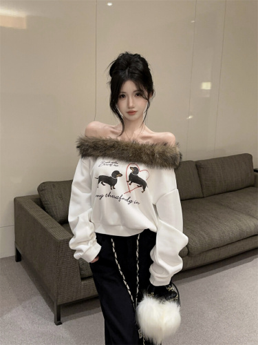 Photographed~ Cute Vintage American Dog Hoodie, Thin Off-the-Shoulder Top with Plush Collar, Contrast Sloping Sleeve T-Shirt