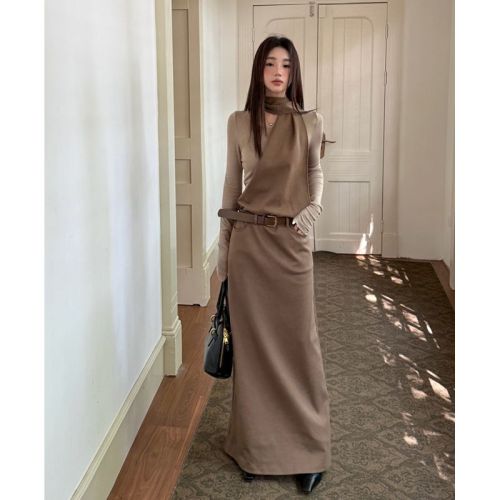 ***etong *** Design Autumn/Winter Post-Apocalyptic Style Layered Fake Two-Piece Long-Sleeve Halterneck Waist-Controlled Long Dress for Women