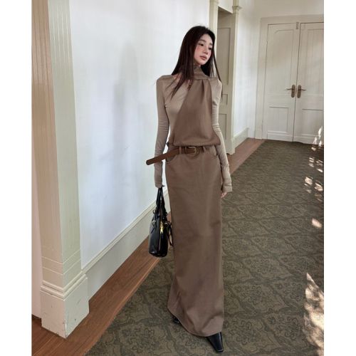 ***etong *** Design Autumn/Winter Post-Apocalyptic Style Layered Fake Two-Piece Long-Sleeve Halterneck Waist-Controlled Long Dress for Women