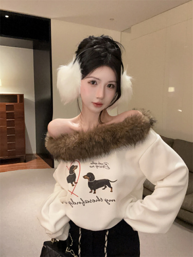 Photographed~ Cute Vintage American Dog Hoodie, Thin Off-the-Shoulder Top with Plush Collar, Contrast Sloping Sleeve T-Shirt