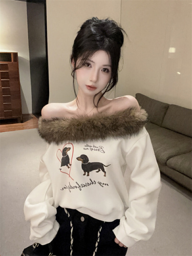 Photographed~ Cute Vintage American Dog Hoodie, Thin Off-the-Shoulder Top with Plush Collar, Contrast Sloping Sleeve T-Shirt