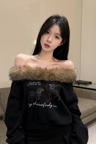 Photographed~ Cute Vintage American Dog Hoodie, Thin Off-the-Shoulder Top with Plush Collar, Contrast Sloping Sleeve T-Shirt