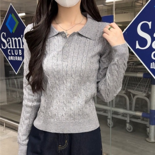 Real-shot, Age-Defying Polo-Neck Cable-Knit Long-Sleeve Sweater—New Arrival, Casual, Versatile Top with Preppy Style