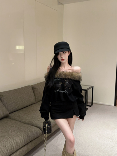 Photographed~ Cute Vintage American Dog Hoodie, Thin Off-the-Shoulder Top with Plush Collar, Contrast Sloping Sleeve T-Shirt
