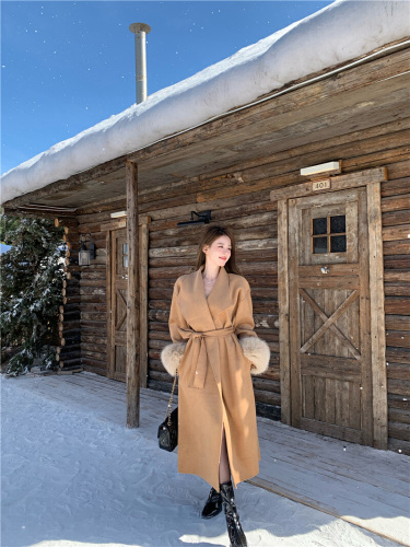 ~White Suit Lapel Woolen Coat Autumn/Winter High-End Fitted Waist Belted Medium-Length Wool Coat