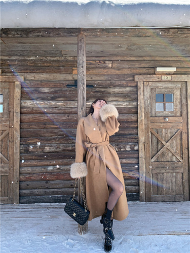 ~White Suit Lapel Woolen Coat Autumn/Winter High-End Fitted Waist Belted Medium-Length Wool Coat