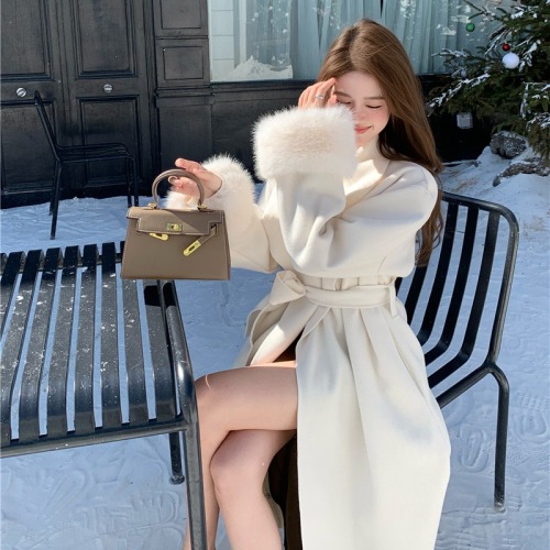 ~White Suit Lapel Woolen Coat Autumn/Winter High-End Fitted Waist Belted Medium-Length Wool Coat