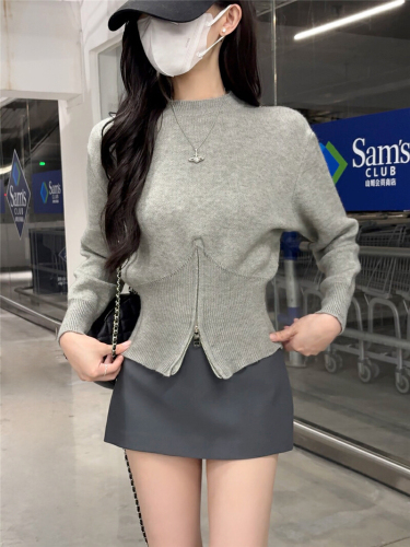 Photographed Korean chic niche temperament round neck zipper design loose versatile long sleeve solid color women's sweater