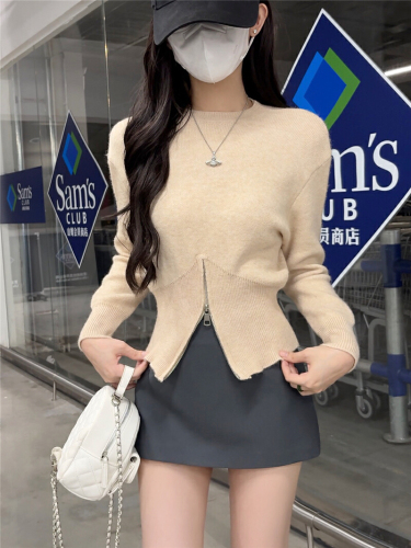 Photographed Korean chic niche temperament round neck zipper design loose versatile long sleeve solid color women's sweater
