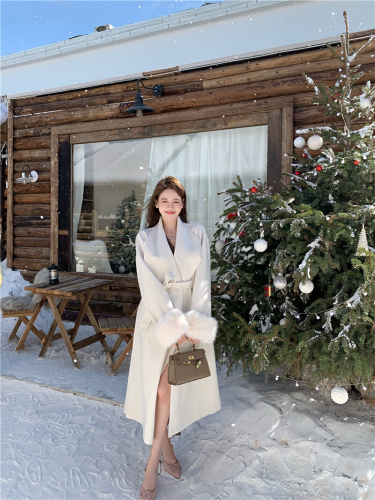 ~White Suit Lapel Woolen Coat Autumn/Winter High-End Fitted Waist Belted Medium-Length Wool Coat