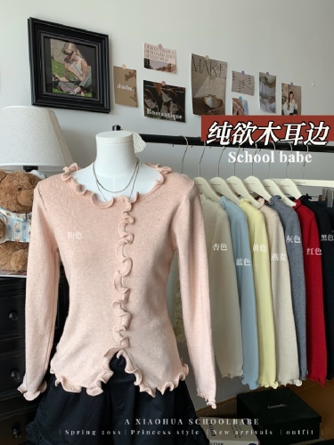Photographed black fungus lace edge collar basic top early spring pure desire inner sweater irregular split knit top