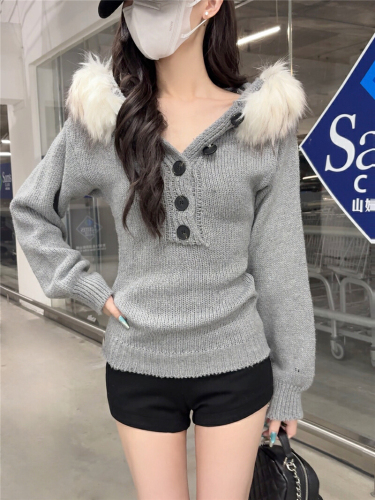 Hand-painted Hot Girl Wool Hooded Henley Crew Neck Sweater for Women Korean Style Fitted Hooded Knit Top