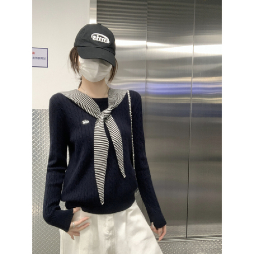 Real-shot Autumn/Winter Korean-style Cable-Knit Embroidered Crew-Neck Shawl Two-Piece Set: Andy Velvet Knitted Base Layer Top & Sweater