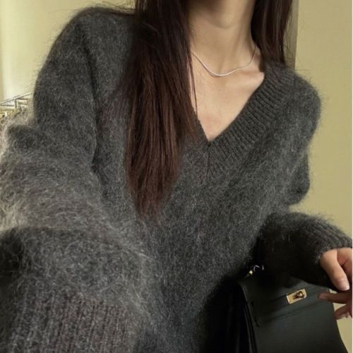 Women's V-neck Mink-like Fur Hoodie, Autumn/Winter New Loose Fashion Outerwear, Slouchy Style Sea Horse Hair Soft and Fluffy Top, Trendy