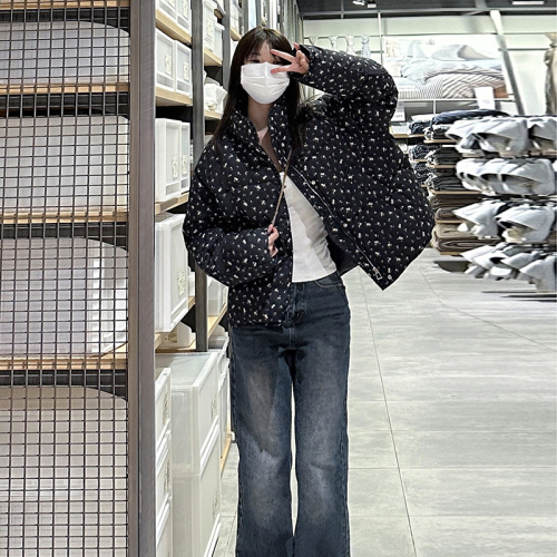 Korean pastoral style small floral down cotton coat for women 2024 new stand-up collar small person cotton coat winter coat