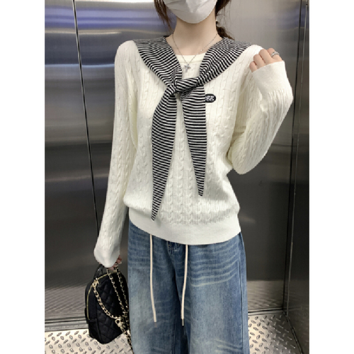 Real-shot Autumn/Winter Korean-style Cable-Knit Embroidered Crew-Neck Shawl Two-Piece Set: Andy Velvet Knitted Base Layer Top & Sweater
