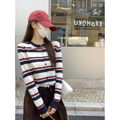 Photographed Autumn/Winter Korean Version Color Block Striped Round Neck Loose Matchy Matchy Andy Wool Knit Cardigan Sweater Outerwear