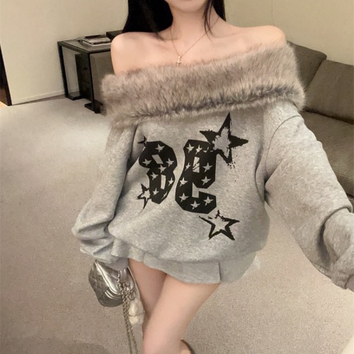 ~Vintage American Style Hot Girl Design Felt Hooded Off-Shoulder Sweatshirt Winter Loose Casual Short-Sleeve Top