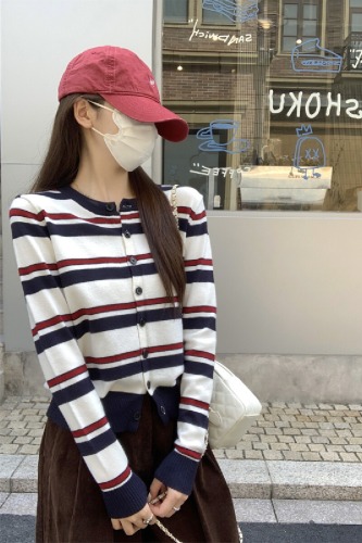 Photographed Autumn/Winter Korean Version Color Block Striped Round Neck Loose Matchy Matchy Andy Wool Knit Cardigan Sweater Outerwear