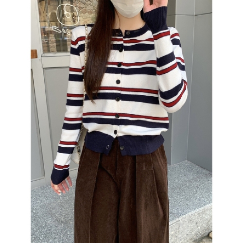 Photographed Autumn/Winter Korean Version Color Block Striped Round Neck Loose Matchy Matchy Andy Wool Knit Cardigan Sweater Outerwear