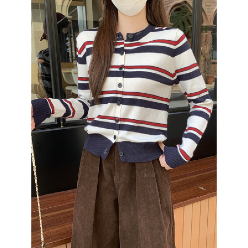 Photographed Autumn/Winter Korean Version Color Block Striped Round Neck Loose Matchy Matchy Andy Wool Knit Cardigan Sweater Outerwear