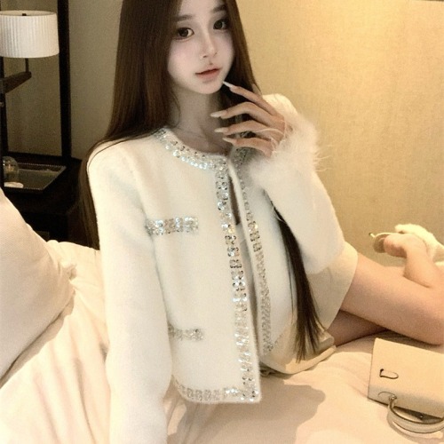 ~Hand-painted Light Luxury White Wool Blend Thickened Small Chanel Style Short Coat Winter French Style Fluffy Personality Overcoat