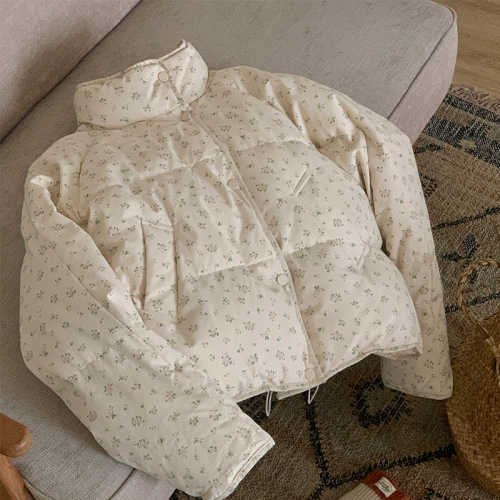 Korean pastoral style small floral down cotton coat for women 2024 new stand-up collar small person cotton coat winter coat