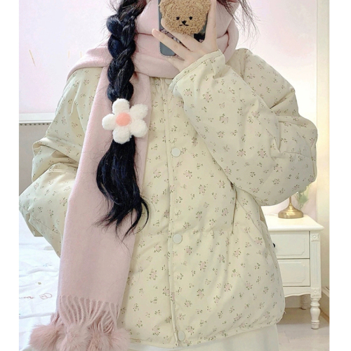 Korean pastoral style small floral down cotton coat for women 2024 new stand-up collar small person cotton coat winter coat