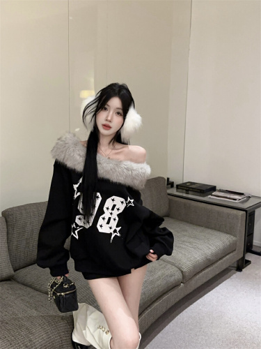 ~Vintage American Style Hot Girl Design Felt Hooded Off-Shoulder Sweatshirt Winter Loose Casual Short-Sleeve Top