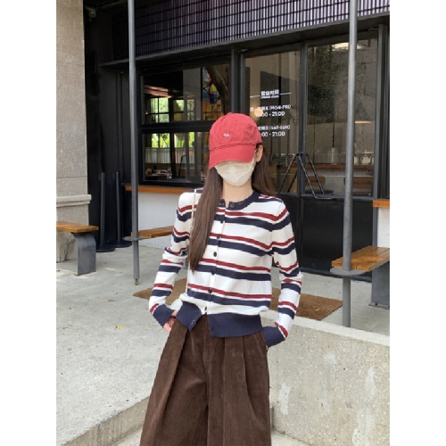 Photographed Autumn/Winter Korean Version Color Block Striped Round Neck Loose Matchy Matchy Andy Wool Knit Cardigan Sweater Outerwear