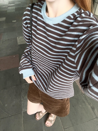 Korean College Style Collared Striped Knit Sweater for Women, Autumn/Winter Retro, Versatile Color Contrast Loose Pullover Top Trendy