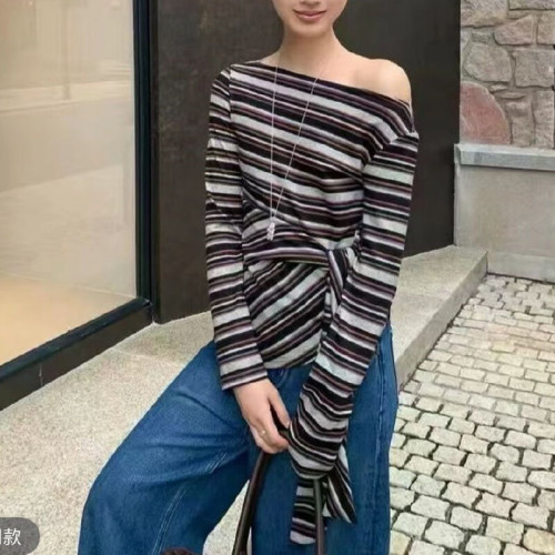 Large size plus-size autumn new Korean style off-shoulder strap T-shirt with irregular stripes, slimming waist-length top