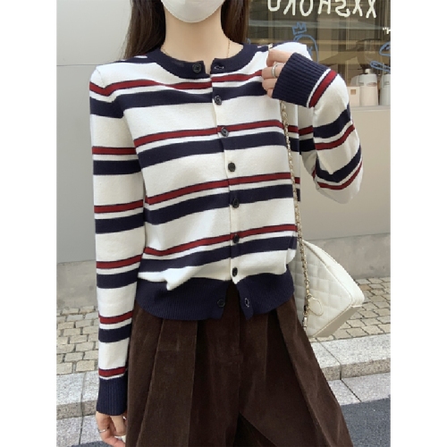 Photographed Autumn/Winter Korean Version Color Block Striped Round Neck Loose Matchy Matchy Andy Wool Knit Cardigan Sweater Outerwear