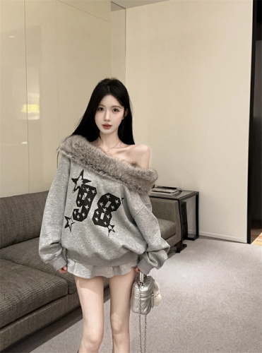 ~Vintage American Style Hot Girl Design Felt Hooded Off-Shoulder Sweatshirt Winter Loose Casual Short-Sleeve Top