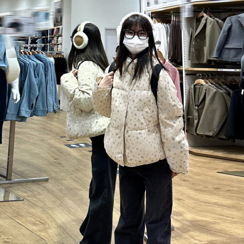 Korean pastoral style small floral down cotton coat for women 2024 new stand-up collar small person cotton coat winter coat