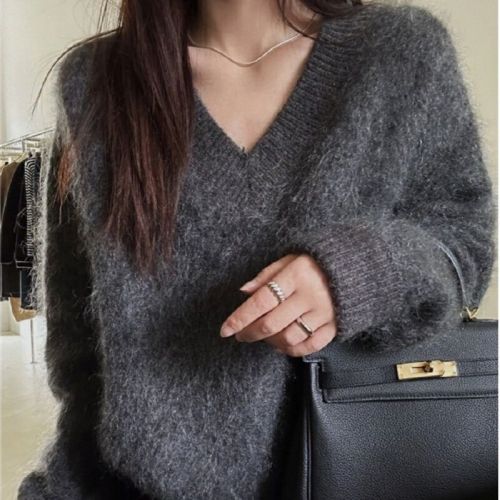 Women's V-neck Mink-like Fur Hoodie, Autumn/Winter New Loose Fashion Outerwear, Slouchy Style Sea Horse Hair Soft and Fluffy Top, Trendy