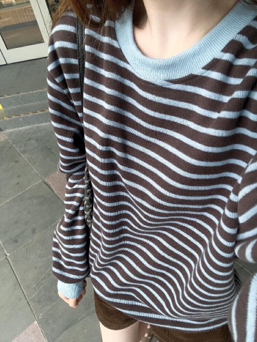 Korean College Style Collared Striped Knit Sweater for Women, Autumn/Winter Retro, Versatile Color Contrast Loose Pullover Top Trendy