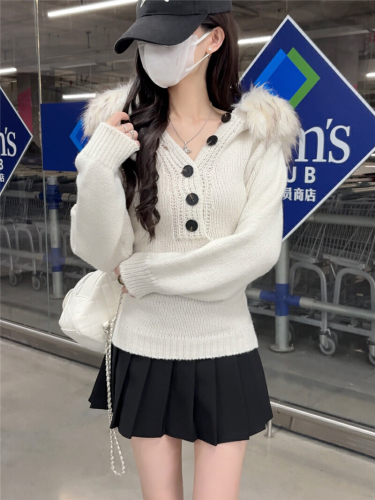 Hand-painted Hot Girl Wool Hooded Henley Crew Neck Sweater for Women Korean Style Fitted Hooded Knit Top