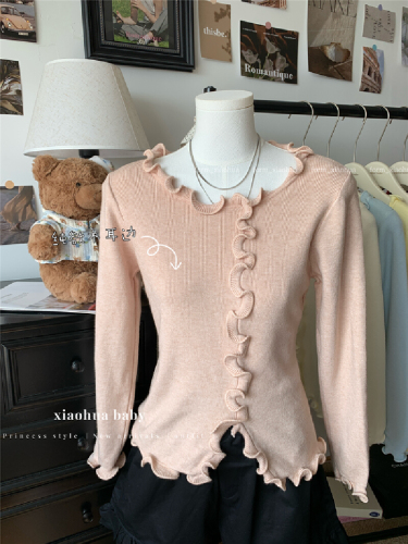 Photographed black fungus lace edge collar basic top early spring pure desire inner sweater irregular split knit top
