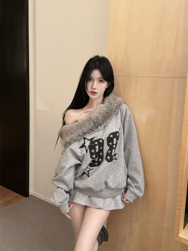 ~Vintage American Style Hot Girl Design Felt Hooded Off-Shoulder Sweatshirt Winter Loose Casual Short-Sleeve Top